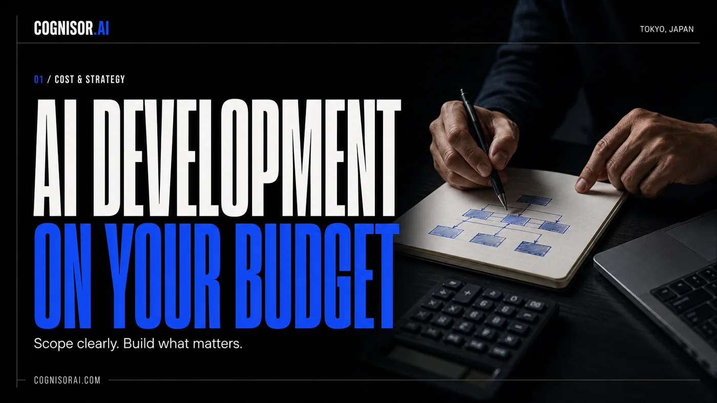 Cognisor AI poster: AI development on your budget, beside a project-planning desk