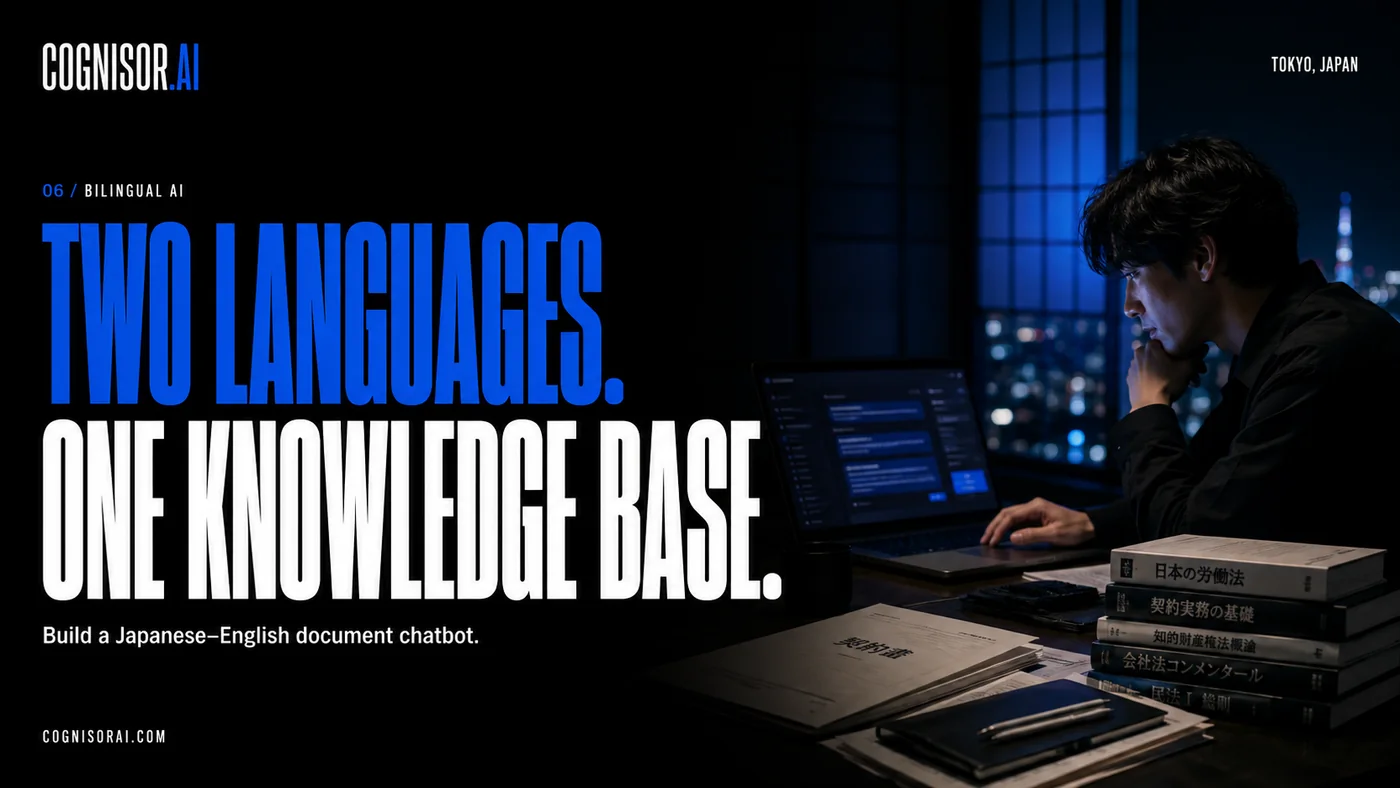 Cognisor AI poster: Two languages, one knowledge base, with documents and a laptop