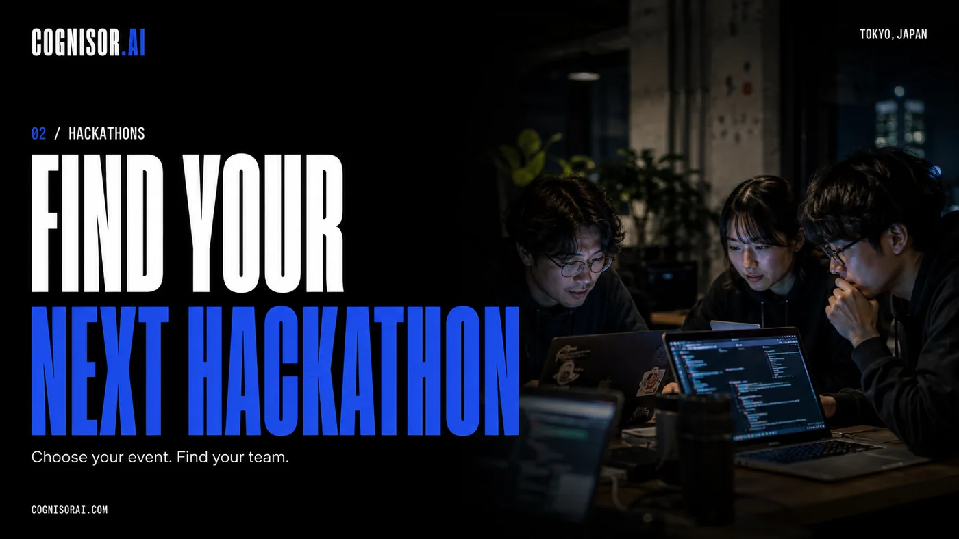 Cognisor AI poster: Find your next hackathon, beside a team collaborating