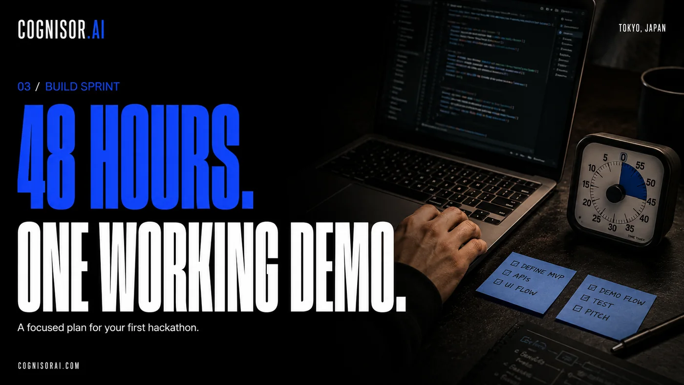 Cognisor AI poster: 48 hours, one working demo, with a laptop and timer